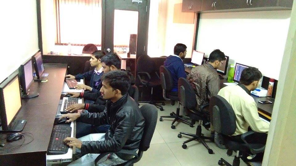 Team members working together at their desks